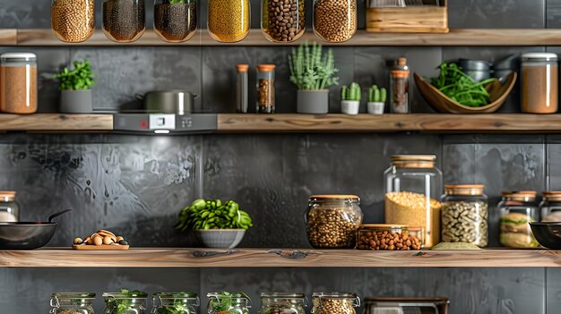 Foto conceito elegante de azulejos de cozinha sem resíduos com armazenamento de alimentos a granel e contentores de compost em foto realista