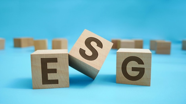 Conceito ESG ambiental, social e de governança Palavra ESG gravada em bloco de madeira