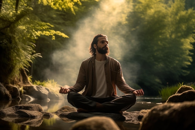 Conceito espiritual e relaxamento mental Homem praticando ioga em um ambiente natural