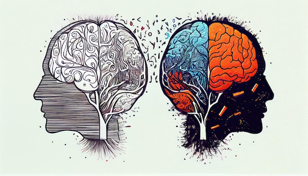 Conceito esquerdo direito do cérebro humano Parte criativa e parte lógica com doodle social e de negócios