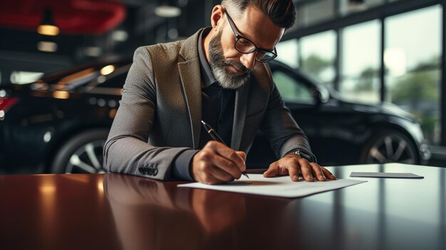 Foto conceito fotográfico de financiamento de transporte com um close de um jovem assinando imagem de ia de carro