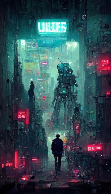 Conceito futurista da ficção científica da cidade de Cyberpunk