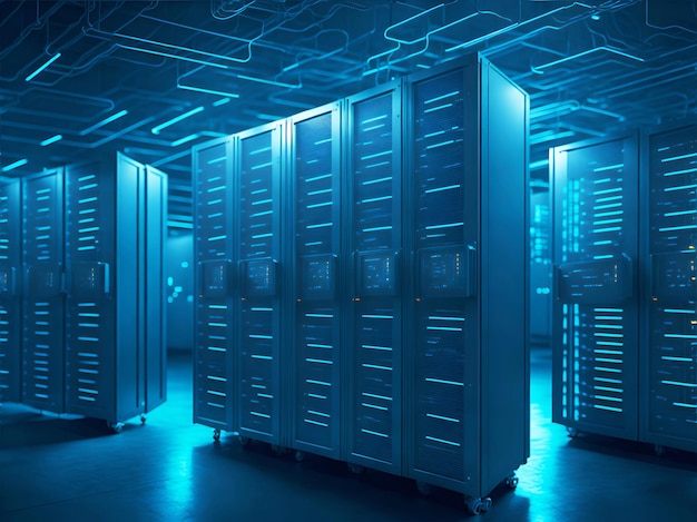 Conceito futurista de data center em linhas de digitalização de informações de armazém, streaming através da sala de servidores SAAS Cloud Computing Web Service