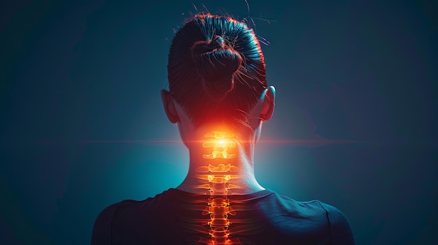 Foto conceito futurista de dor no pescoço com visualização da coluna vertebral brilhante