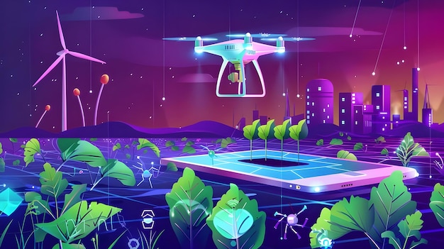 Conceito futurista de planta de irrigação Tecnologia inovadora para o agronegócio Agricultura digital 2D