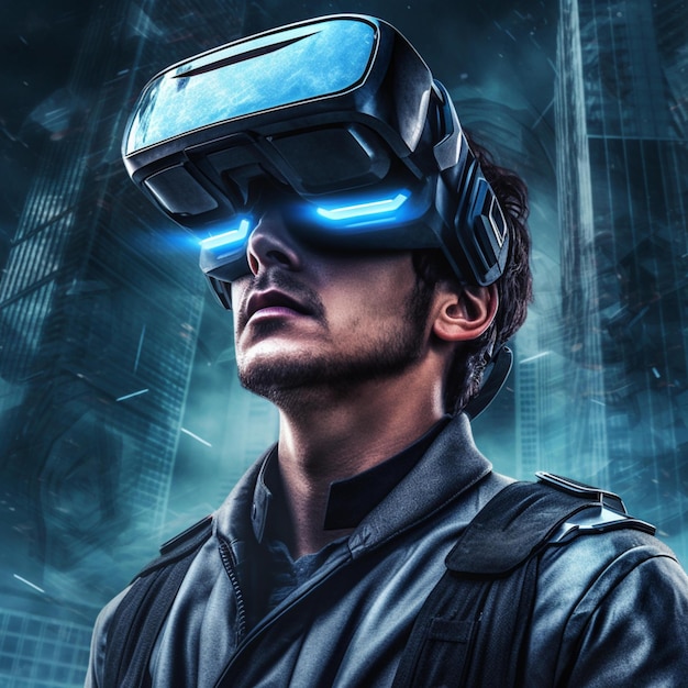 Conceito futurista de realidade virtual homem futurista em óculos VR com ilustração 3d