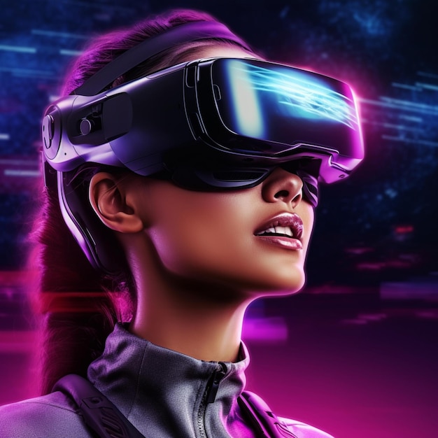 Conceito futurista de realidade virtual mulher futurista em óculos VR com ilustração 3d