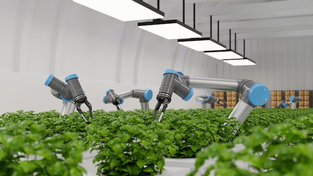 Conceito futurista de robótica na agriculturaTecnologia agrícola e automação agrícola