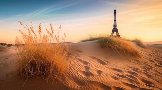 Conceito futurista de salvar o planeta Torre Eiffel parisiense nas areias do deserto Catástrofe ecológica