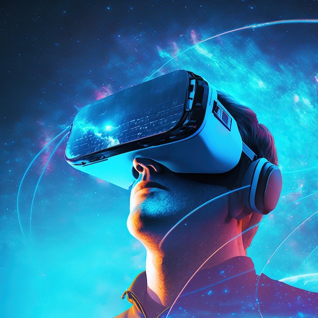 Conceito futurista de tecnologias VR e AR um homem em óculos 3D em uma ilustração 3d de fundo azul