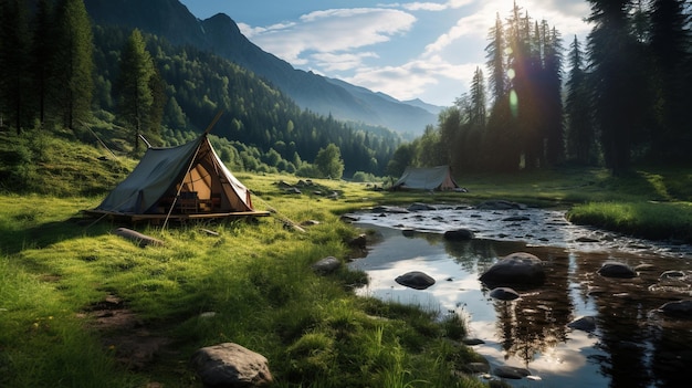 Conceito generativo de AI Camping ao ar livre perto do acampamento turístico do lago ou rio