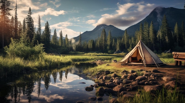Conceito generativo de AI Camping ao ar livre perto do acampamento turístico do lago ou rio