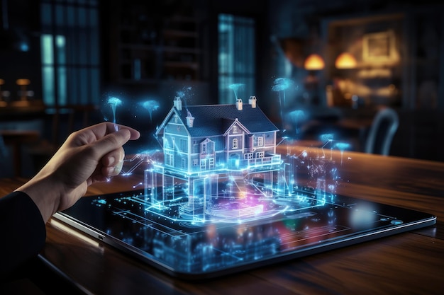 Conceito imobiliário Casa com interface IoT em fundo IA gerativa