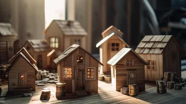 Conceito Imóveis Habitação Casas minúsculas cercadas por pilhas de moedas O mercado imobiliário Generative AI
