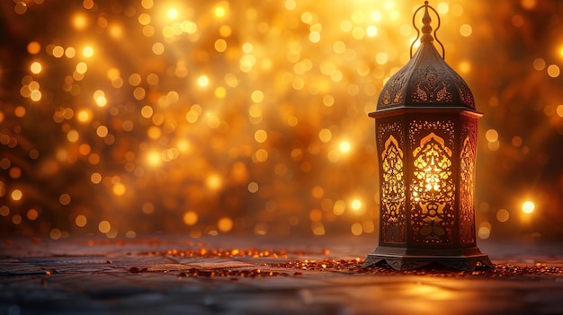Foto conceito islâmico fundo de cor dourada ramadã e eid al fitr lanterna lâmpada de luz.