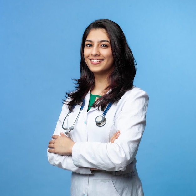 Conceito médico da bela médica indiana de jaleco branco com estetoscópio, cintura para cima. Estudante de medicina. Mulher trabalhadora de hospital olhando para a câmera e sorrindo, estúdio, fundo azul