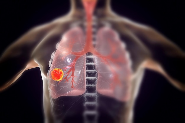 Conceito médico de câncer de pulmão Ilustração 3D mostrando tumor canceroso dentro do pulmão humano