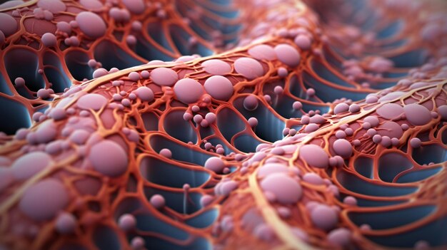 Foto conceito médico de foto renderizada em 3d de um close-up de células musculares sob um microscópio abstrato