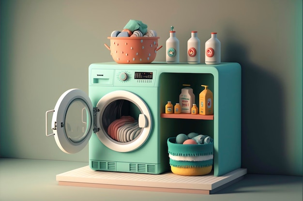 Conceito minimalista de equipamento de lavanderia Renderização 3D na moda para apresentações de estúdios de banners de mídia social generative ai