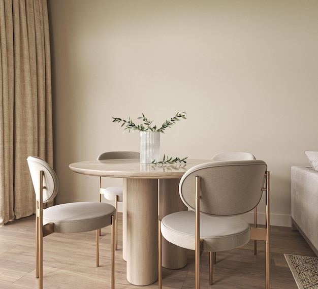 Conceito minimalista de interior de sala de jantar com mesa de madeira e cadeiras de design moderno parede beige e