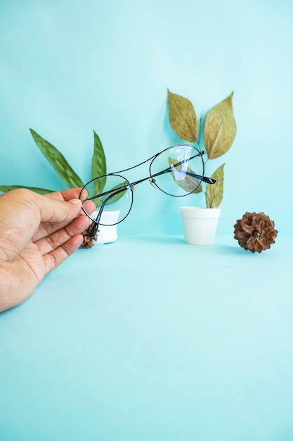 Conceito Minimalista. Mão segurando óculos redondos folhas secas flores de pinheiro em fundo azul claro pastel.