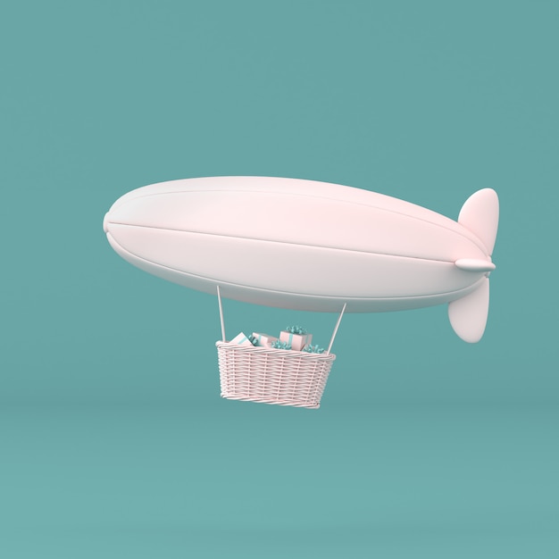 conceito mínimo de dirigível flutuante e caixa de presente na cesta em fundo pastel. Renderização em 3D.