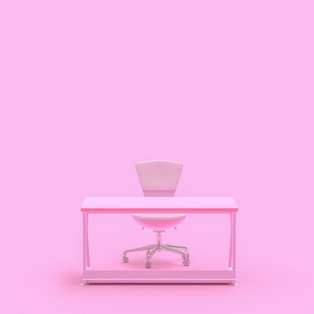 Conceito mínimo, mesa de trabalho e cadeira rosa cor