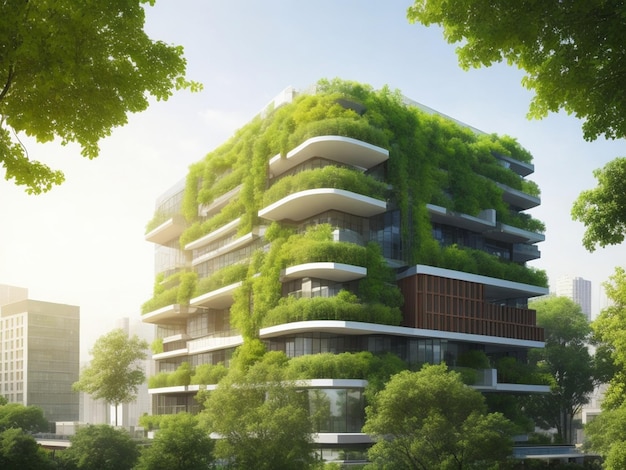 Foto conceito moderno de arquitetura de edifícios ecológicos edifícios sustentáveis na cidade com árvores e verde