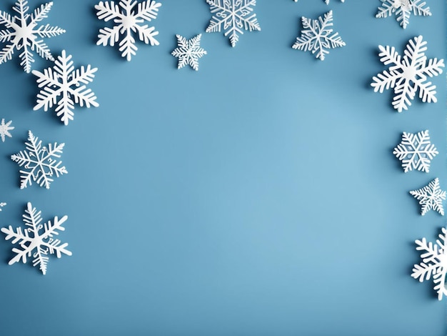 Conceito moderno de Natal e Ano Novo de flocos de neve brancos em espaço vazio com fundo azul para Pro