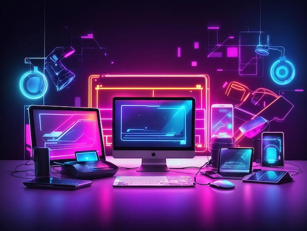 Foto conceito moderno de tecnologia neon com muitos aparelhos eletrônicos caros no laptop tablet de mesa