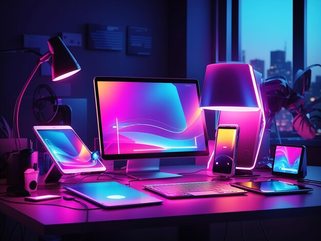 Foto conceito moderno de tecnologia neon com muitos aparelhos eletrônicos caros no laptop tablet de mesa