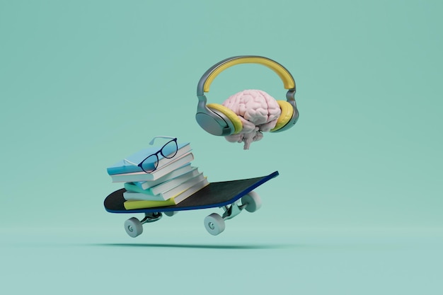 Conceito moderno de treinamento cerebral em fones de ouvido livros óculos em um skate