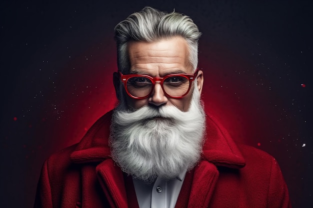 Conceito moderno e elegante de Papai Noel Retrato de homem hipster sênior de bigode grisalho brutal com penteado da moda, vestindo terno vermelho e óculos, olhando para a câmera