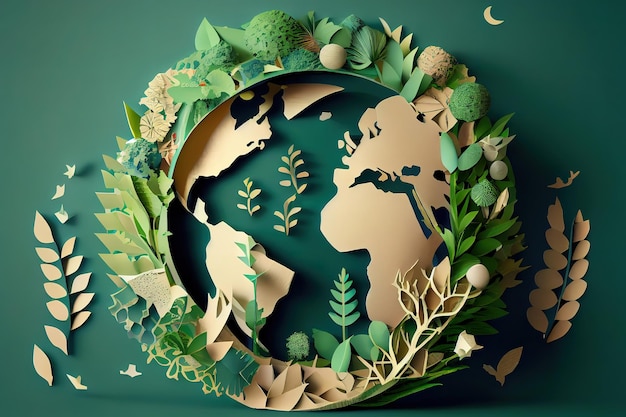 Conceito mundial do meio ambiente e do dia da terra com globo e arte de papel ambiental amigável Generative Ai