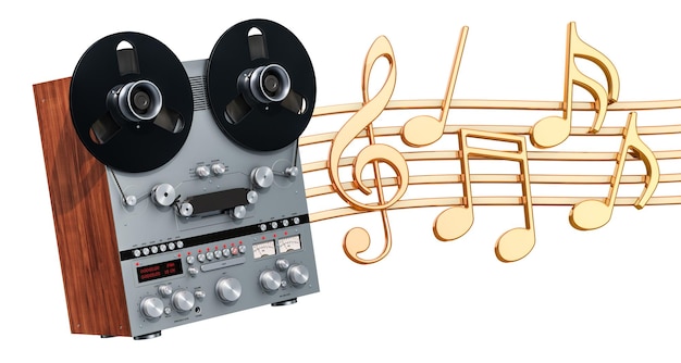 Conceito musical Gravador retro reeltoreel com notas musicais renderização em 3d