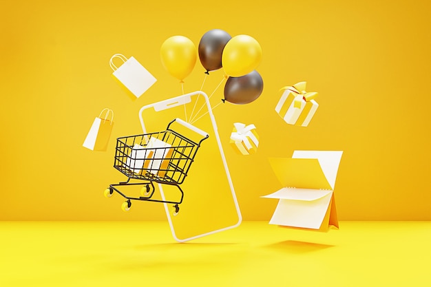 Conceito on-line de compras 3d com carrinho de compras, bolsa, caixa de presente, balão e telefone celular. renderização 3d.