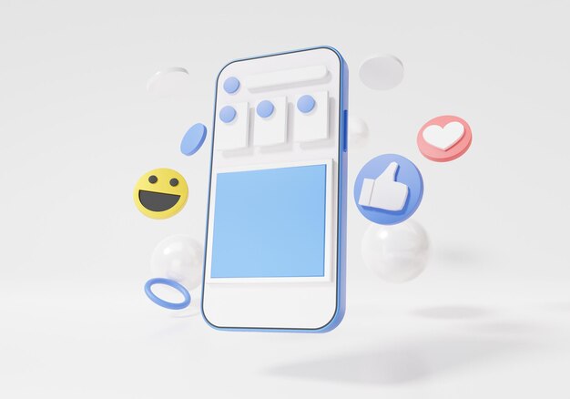 Conceito on-line de mídia social Marketing digital flutuante de smartphone com show emoji, coração, gosto, sorriso para comunicar foto digitalmente móvel em fundo branco, banner, site, renderização em 3d