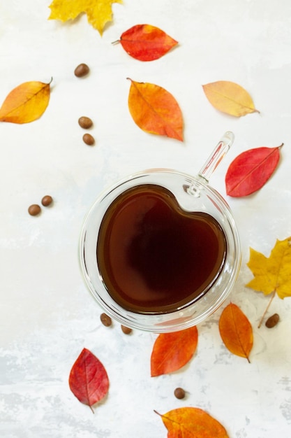 Conceito outonal com mup de xícara de café quente Vista de cima plana