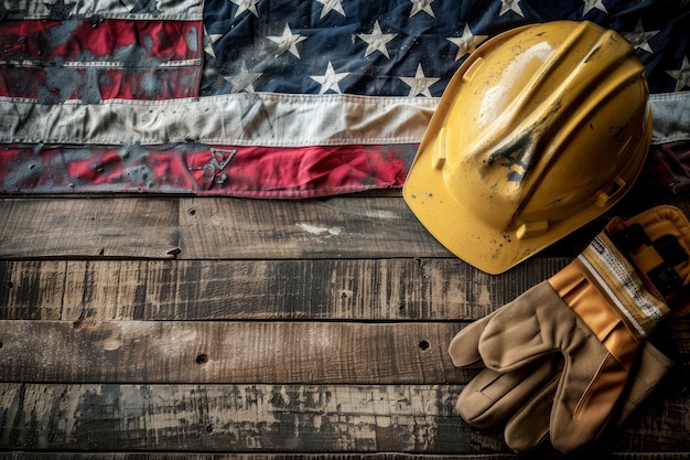 Conceito para o Dia do Trabalho 1o de Maio Luvas de bandeira dos EUA e capacete de proteção em um fundo de madeira rústico