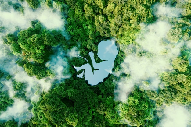 Foto conceito que descreve os processos de auto-renovação da natureza e da nova vida em geral na forma de um lago em forma de embrião no meio de uma floresta intocada. renderização 3d.