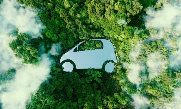 Foto conceito que retrata novas possibilidades para o desenvolvimento de carros elétricos e híbridos e a questão da viagem ecológica na forma de um lago em forma de carro localizado em uma floresta exuberante. renderização 3d.
