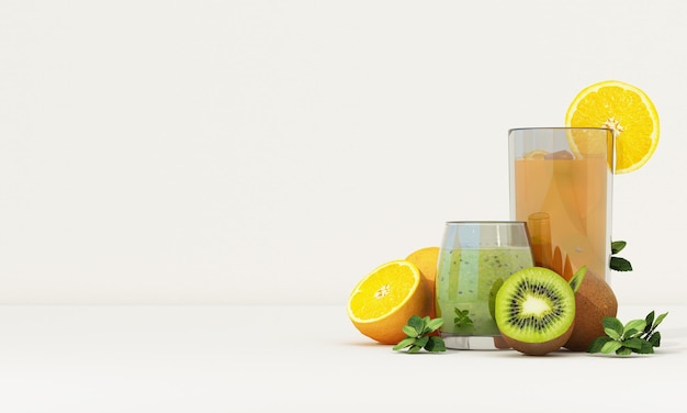 conceito saudável e exercício com equipamentos de exercício e frutas cítricas maçãs verdes e kiwis e sucos de frutas em um fundo branco cercado por objetos naturais renderização 3D