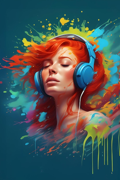 conceito splash art música splash art menina ruiva ouve música com fones de ouvido