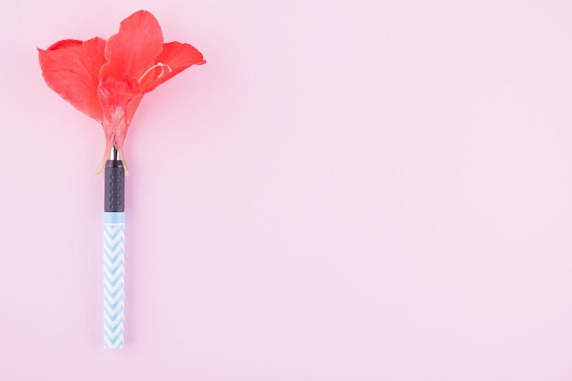 Conceito surrealista caneta e flor de gladiolo conceito criativo com flor vermelha e caneta azul