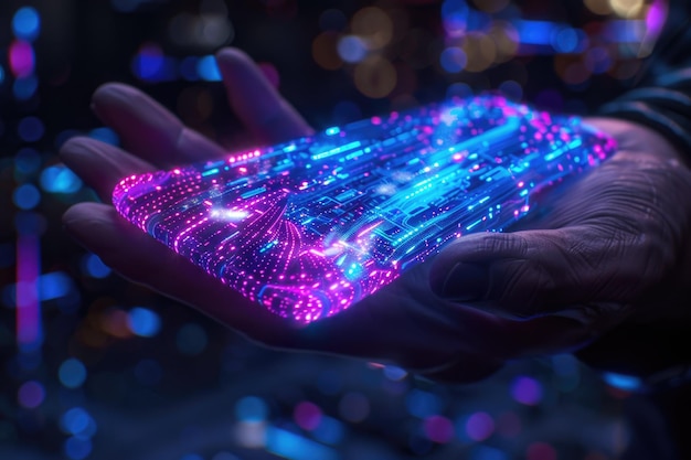 Conceito tecnológico de holograma futurista com a palma da mão do homem