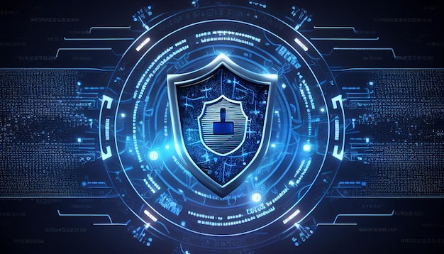 Conceito tecnológico de proteção de dados de cibersegurança de rede on-line de conexão com a Internet No centro Generative AI tem um escudo proeminente
