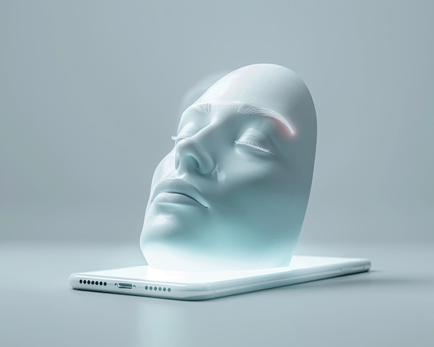Conceito tecnológico minimalista Telefone com holograma de rosto humano flutuante