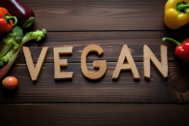 Conceito vegano com palavra vegana em fundo de madeira gerado por IA