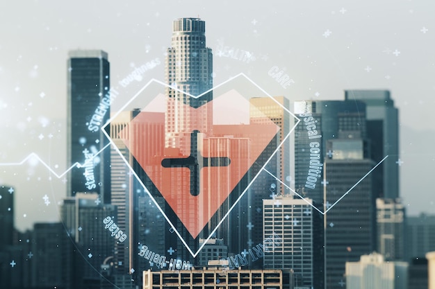 Conceito virtual abstrato de ilustração de pulso cardíaco no fundo do horizonte de Los Angeles Conceito de medicina e saúde Multiexposição