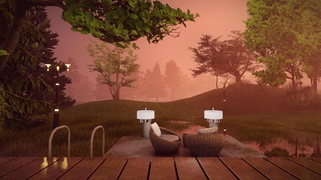 Conceitos de design de salão ao ar livre névoa de sombra preta turva fundo de floresta ilustração 3d